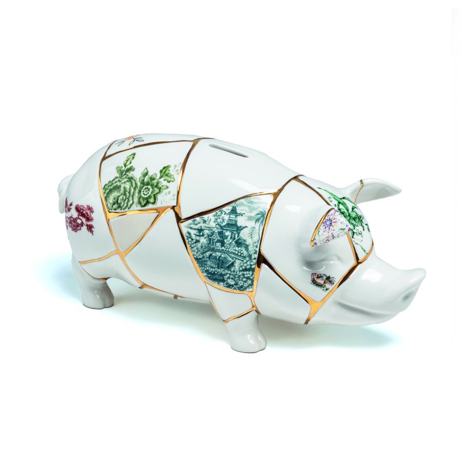 Porcelain and gold plated Piggy Bank Kintsugi by Seletti