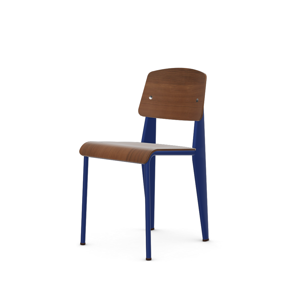 Standard Chair by Vitra #Prouvé Bleu Marcoule powder-coated (smooth), brown glides / walnut, black pigmented