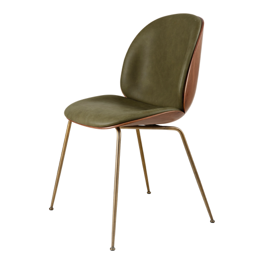 Beetle Dining Chair Veneer Shell Leather Army With Legs In Antique Brass by GUBI #