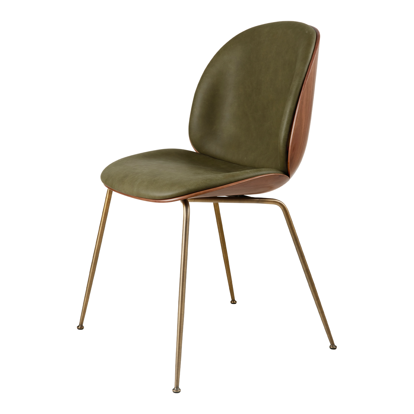 Beetle Dining Chair Veneer Shell Leather Army With Legs In Antique Brass by GUBI #