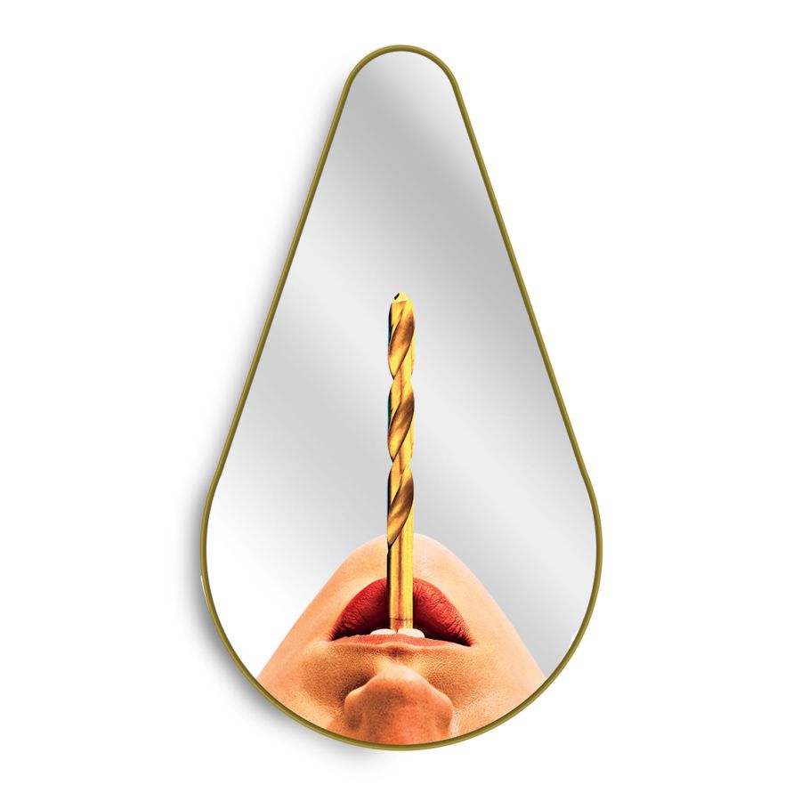 Pear Shaped Mirror with Gold Frame Drill by Seletti