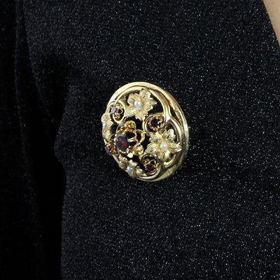 18 Karat 20th Century French Garnet Fine Pearl Yellow Gold Brooch, 1890s-OLU-1436669