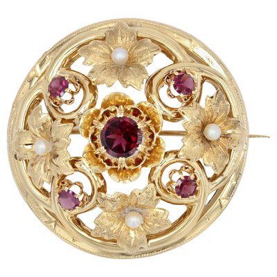 18 Karat 20th Century French Garnet Fine Pearl Yellow Gold Brooch, 1890s-OLU-1436669