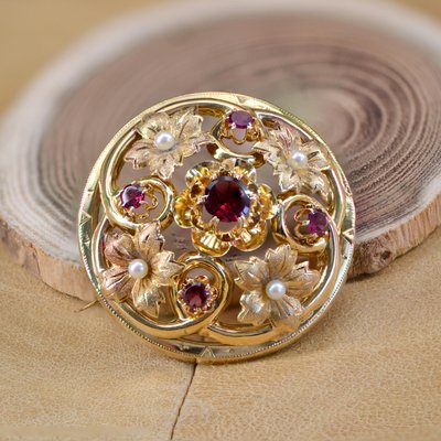 18 Karat 20th Century French Garnet Fine Pearl Yellow Gold Brooch, 1890s-OLU-1436669