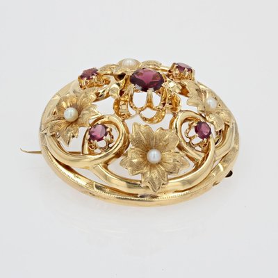 18 Karat 20th Century French Garnet Fine Pearl Yellow Gold Brooch, 1890s-OLU-1436669