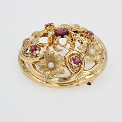 18 Karat 20th Century French Garnet Fine Pearl Yellow Gold Brooch, 1890s-OLU-1436669