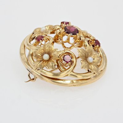 18 Karat 20th Century French Garnet Fine Pearl Yellow Gold Brooch, 1890s-OLU-1436669