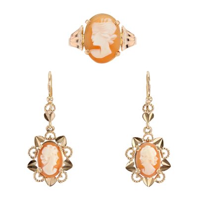 18 Karat French Shell Cameo Rose Gold Earrings Ring Set, 1960s, Set of 3-OLU-1425878