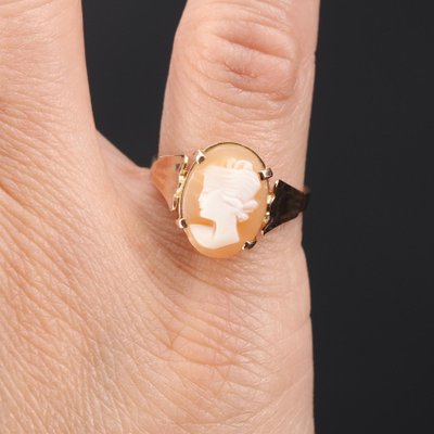 18 Karat French Shell Cameo Rose Gold Earrings Ring Set, 1960s, Set of 3-OLU-1425878