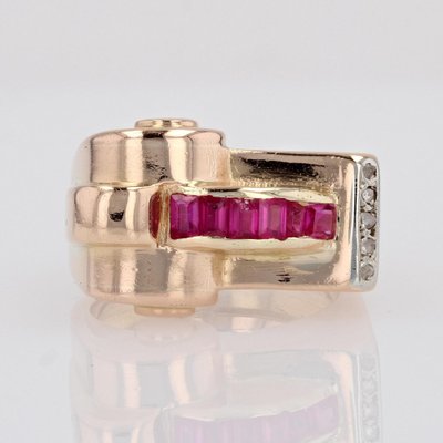 18 Karat Rose Gold Asymmetrical Tank Ring with Synthetic Rubies & Diamonds, 1940s-OLU-1704241