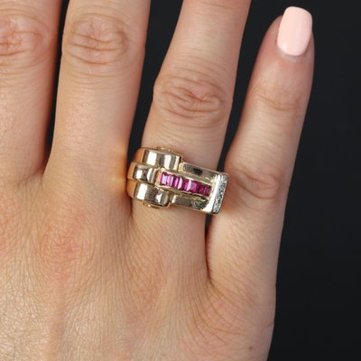 18 Karat Rose Gold Asymmetrical Tank Ring with Synthetic Rubies & Diamonds, 1940s-OLU-1704241