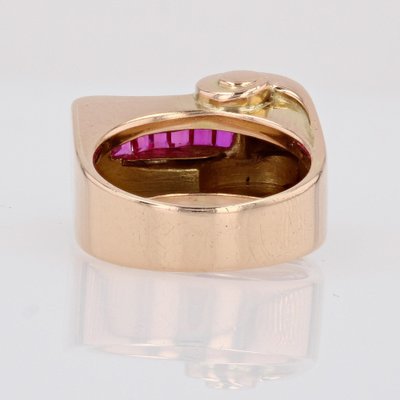 18 Karat Rose Gold Asymmetrical Tank Ring with Synthetic Rubies & Diamonds, 1940s-OLU-1704241