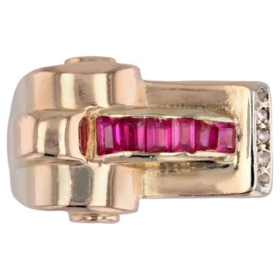 18 Karat Rose Gold Asymmetrical Tank Ring with Synthetic Rubies & Diamonds, 1940s-OLU-1704241