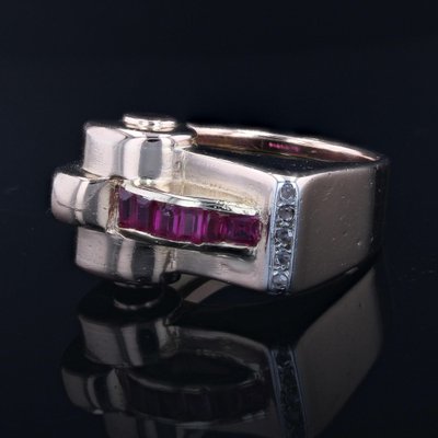 18 Karat Rose Gold Asymmetrical Tank Ring with Synthetic Rubies & Diamonds, 1940s-OLU-1704241