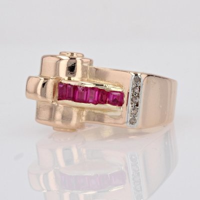 18 Karat Rose Gold Asymmetrical Tank Ring with Synthetic Rubies & Diamonds, 1940s-OLU-1704241