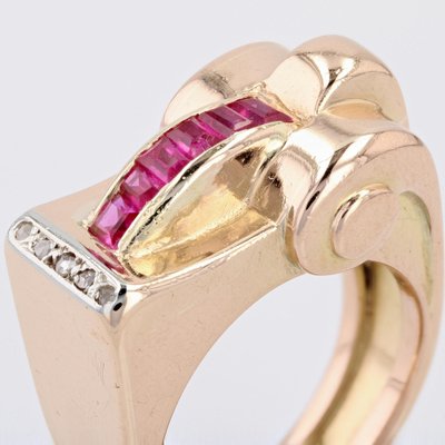 18 Karat Rose Gold Asymmetrical Tank Ring with Synthetic Rubies & Diamonds, 1940s-OLU-1704241