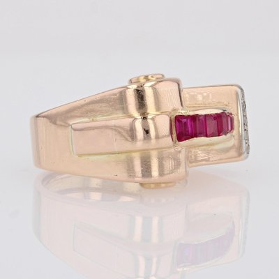 18 Karat Rose Gold Asymmetrical Tank Ring with Synthetic Rubies & Diamonds, 1940s-OLU-1704241