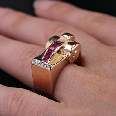 18 Karat Rose Gold Asymmetrical Tank Ring with Synthetic Rubies & Diamonds, 1940s-OLU-1704241