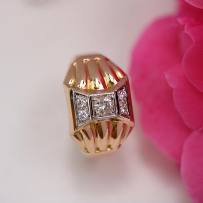 18 Karat Rose Gold Domed Tank Ring with Diamonds, France, 1940s-OLU-1757417