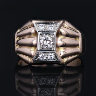 18 Karat Rose Gold Domed Tank Ring with Diamonds, France, 1940s-OLU-1757417