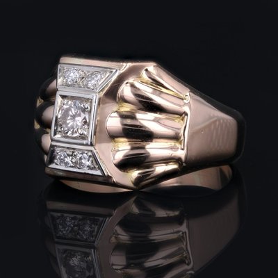 18 Karat Rose Gold Domed Tank Ring with Diamonds, France, 1940s-OLU-1757417