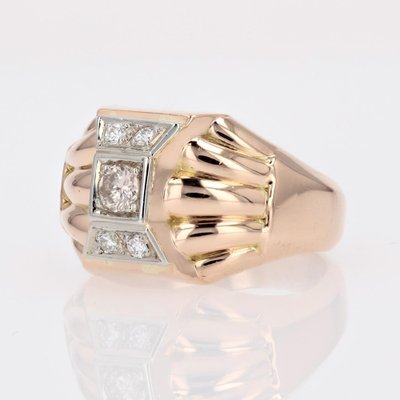 18 Karat Rose Gold Domed Tank Ring with Diamonds, France, 1940s-OLU-1757417