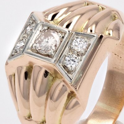 18 Karat Rose Gold Domed Tank Ring with Diamonds, France, 1940s-OLU-1757417