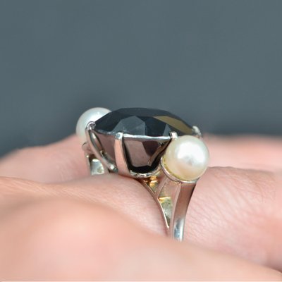 18 Karat White Gold hematite Cocktail Ring, 1970s-OLU-1403611