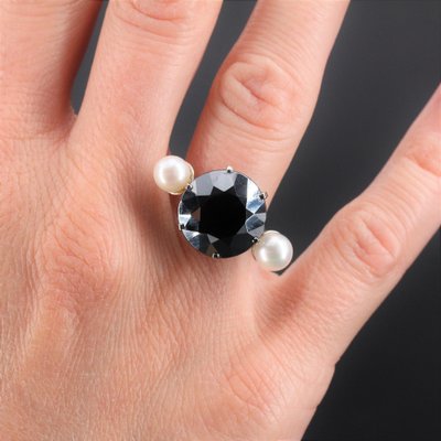 18 Karat White Gold hematite Cocktail Ring, 1970s-OLU-1403611