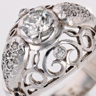 18 Karat White Gold Openwork Dome Ring with Diamonds, France, 1960s-OLU-1757418