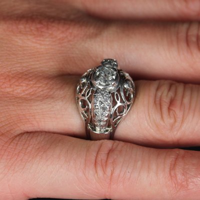 18 Karat White Gold Openwork Dome Ring with Diamonds, France, 1960s-OLU-1757418