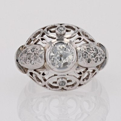 18 Karat White Gold Openwork Dome Ring with Diamonds, France, 1960s-OLU-1757418