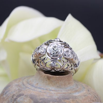 18 Karat White Gold Openwork Dome Ring with Diamonds, France, 1960s-OLU-1757418