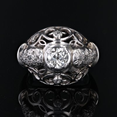 18 Karat White Gold Openwork Dome Ring with Diamonds, France, 1960s-OLU-1757418