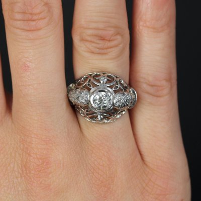 18 Karat White Gold Openwork Dome Ring with Diamonds, France, 1960s-OLU-1757418