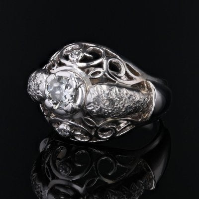 18 Karat White Gold Openwork Dome Ring with Diamonds, France, 1960s-OLU-1757418