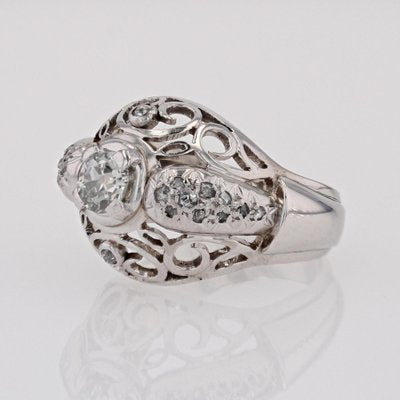 18 Karat White Gold Openwork Dome Ring with Diamonds, France, 1960s-OLU-1757418