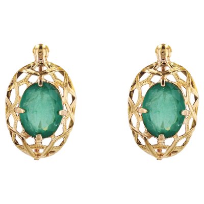 18 Karat Yellow Gold Earrings with Emeralds, 1890s, Set of 2-OLU-1578343