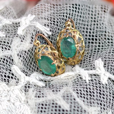 18 Karat Yellow Gold Earrings with Emeralds, 1890s, Set of 2-OLU-1578343