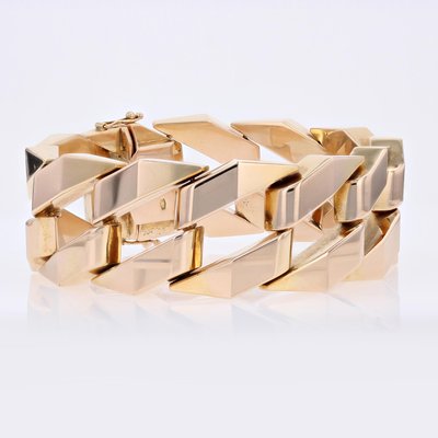 18 Karat Yellow Gold Geometric Curb Chain Large Bracelet, 1960s-OLU-2042362