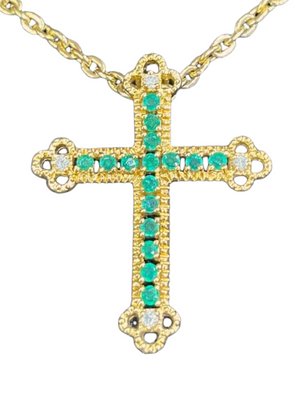 18K Yellow Gold, Emerald & Diamond Cross Pendant-TCS-1098213