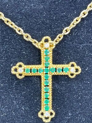 18K Yellow Gold, Emerald & Diamond Cross Pendant-TCS-1098213