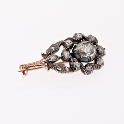 18th Century Diamonds 18 Karat Rose Gold Silver Flower Brooch-OLU-1778275