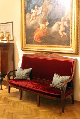 18th Century French Hand Carved Mahogany Upholstered Sofa in the style of George Jacob-AXE-1433407