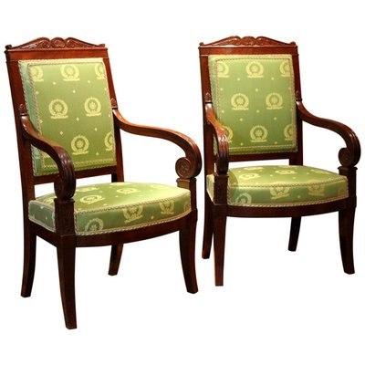 18th Century French Mahogany and Green Silk Upholster High Back Armchairs, Set of 2-AXE-1433455