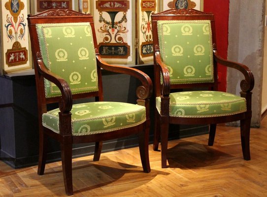 18th Century French Mahogany and Green Silk Upholster High Back Armchairs, Set of 2-AXE-1433455