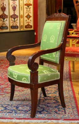 18th Century French Mahogany and Green Silk Upholster High Back Armchairs, Set of 2-AXE-1433455