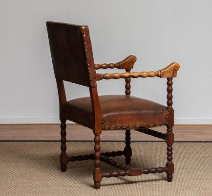 18th Century Italian Oak Brown Leather Armchair-JE-987179