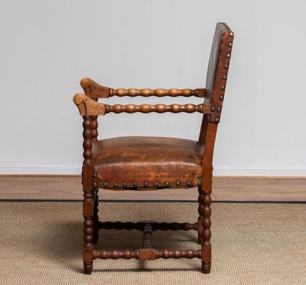 18th Century Italian Oak Brown Leather Armchair-JE-987179