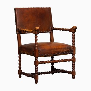 18th Century Italian Oak Brown Leather Armchair-JE-987179